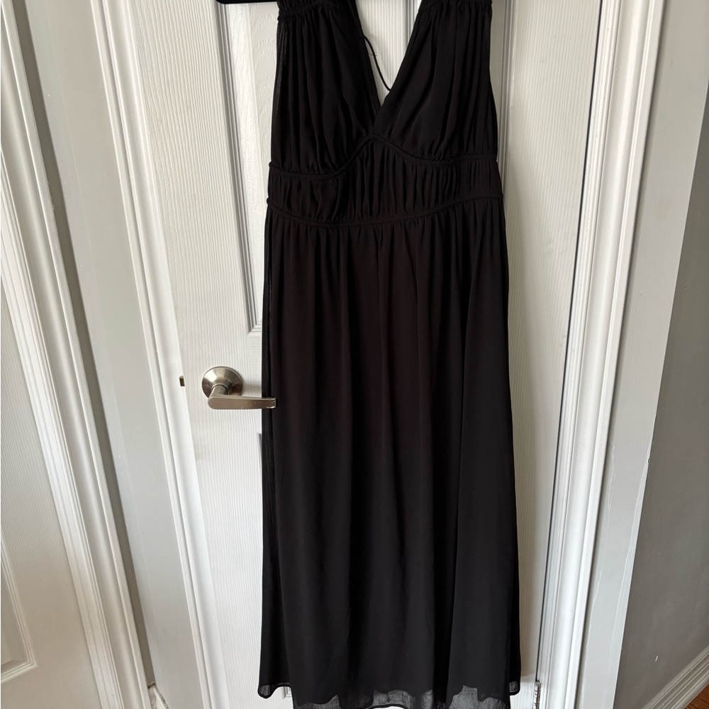 H&M Black Ruched Plunge Maxi Gown - Size M